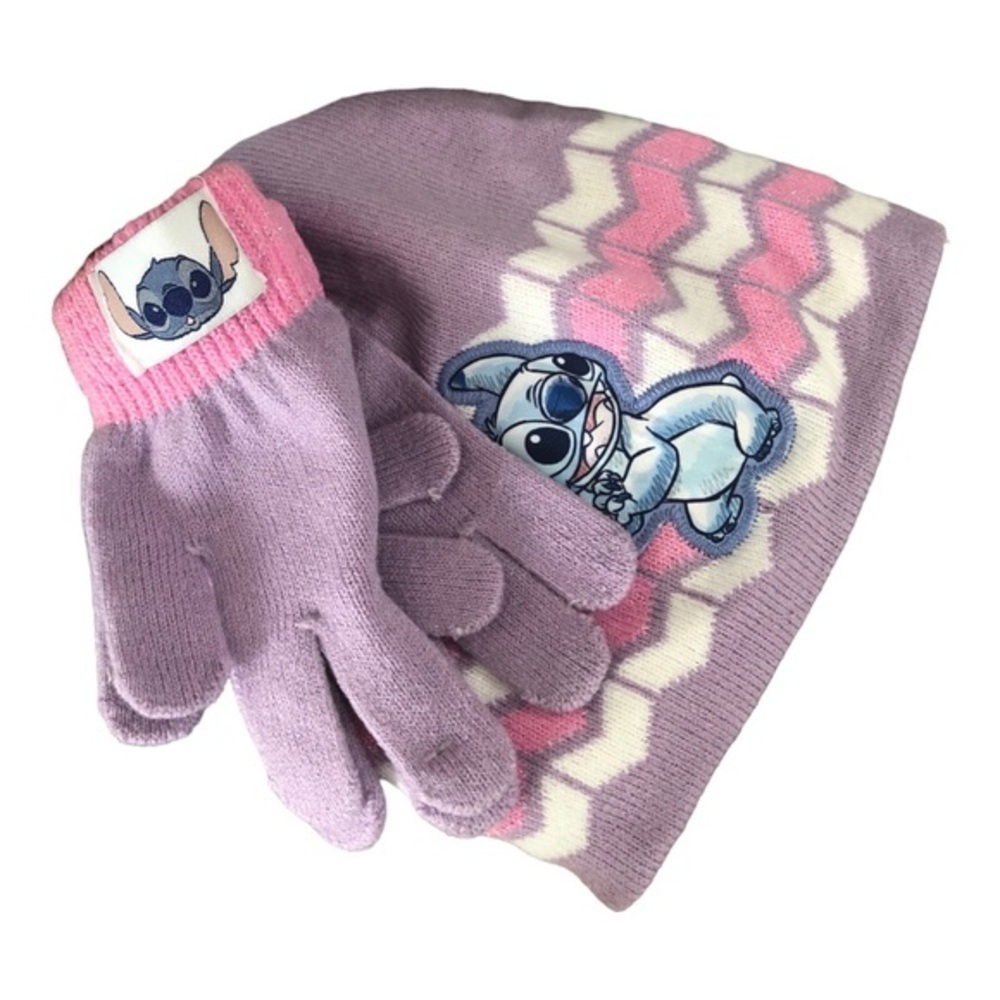 Disney Lilo + Stitch purple pink striped winter Stitch beenie hat & glove set